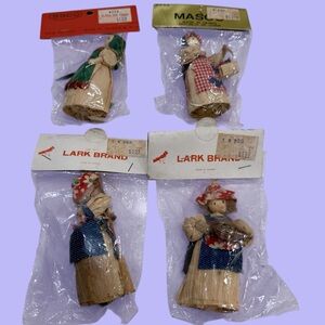 Corn Husk Dolls Christmas Ornaments Farming Whimsical Lot of 4 New Old Stock